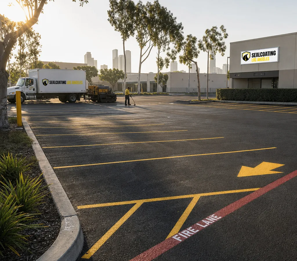 Freshly striped Los Angeles commercial parking lot with stall lines, arrows, fire lane markings, and striping equipment