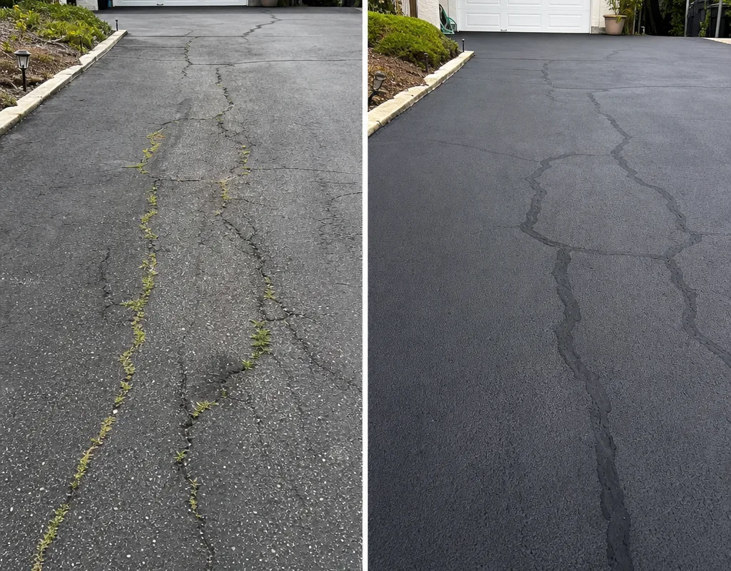 Before and after residential asphalt driveway crack filling