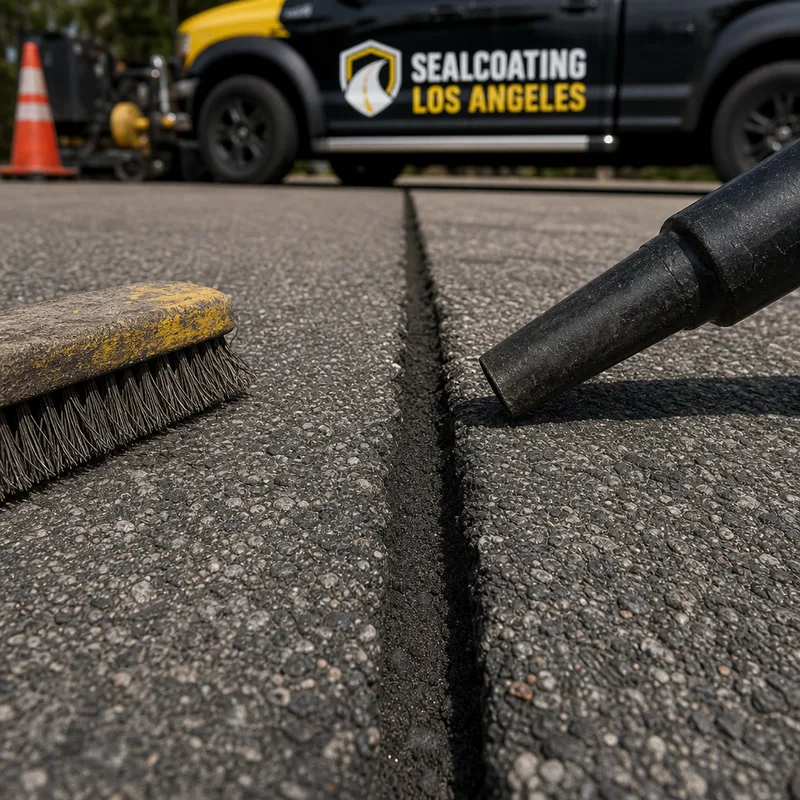Cleaned asphalt crack with dry, debris-free edges ready for sealant