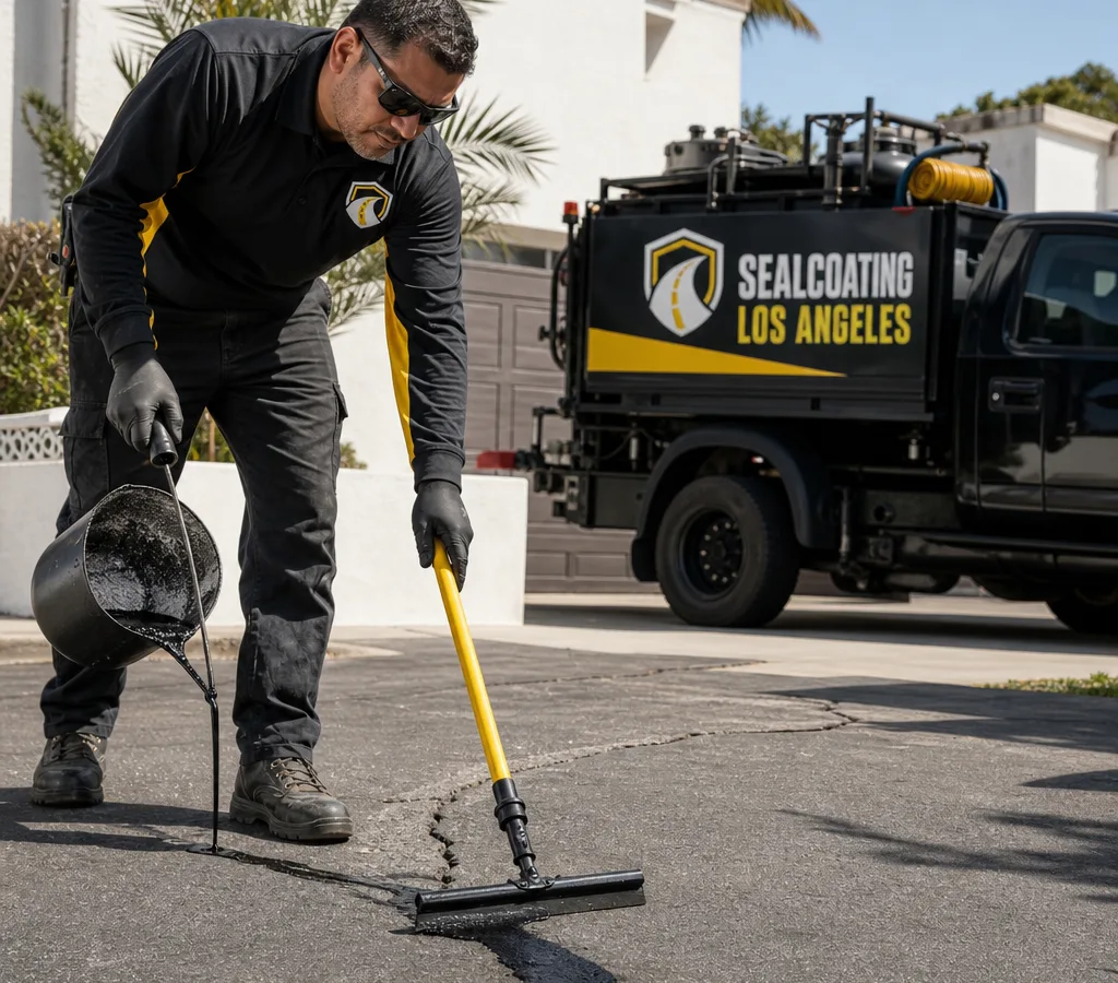 Technician filling linear cracks in an asphalt driveway with hot-applied rubberized sealant