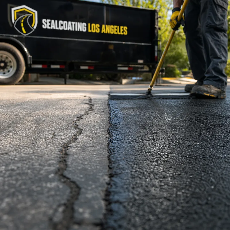 Prepared asphalt cracks and an oil spot beside a fresh sealcoat edge and older oxidized pavement