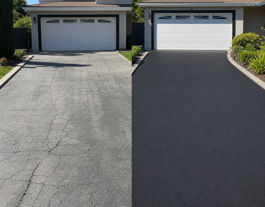 Before and after views of a faded Los Angeles asphalt driveway restored with a uniform dark finish and clean edges