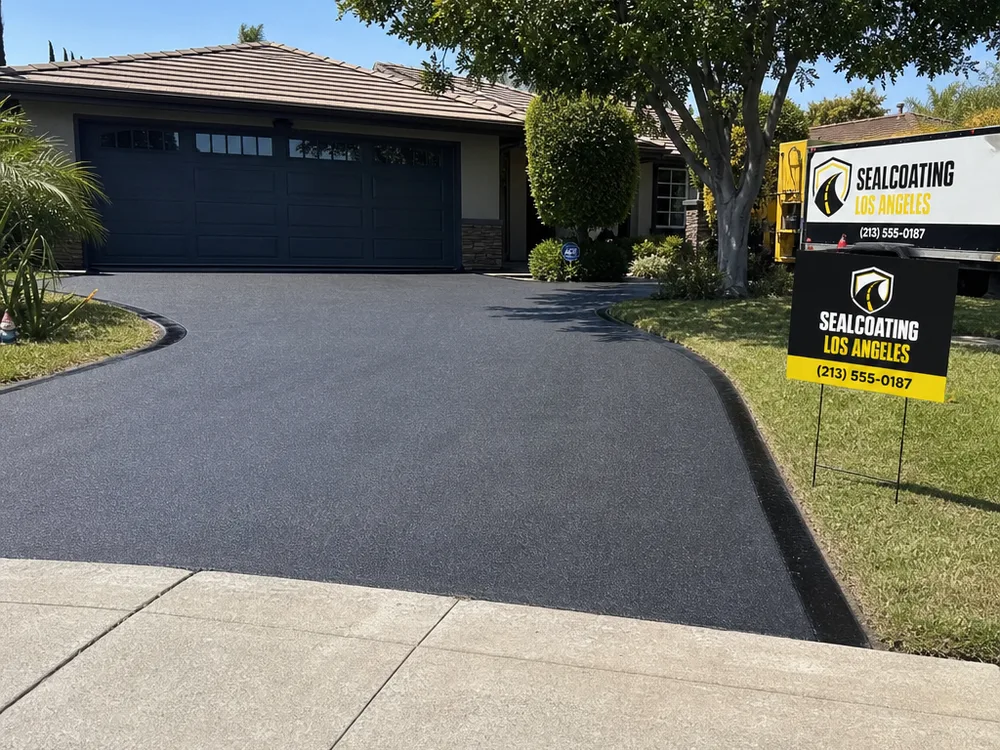 Newly sealed residential driveway apron and turning area with consistent texture and a clean sidewalk transition