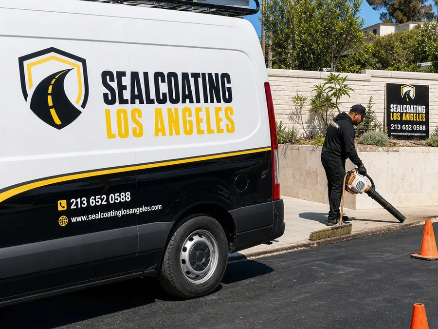 Crew member preparing asphalt along curb edges before sealcoating in Los Angeles